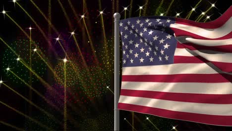 animation of flag of usa over fireworks on black background