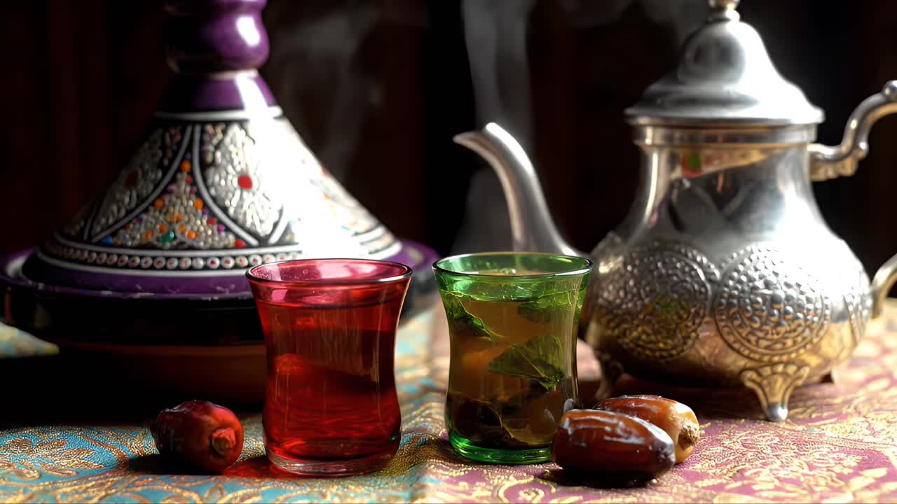 Traditional Moroccan mint tea with silver teapot, tagine and dates on table
