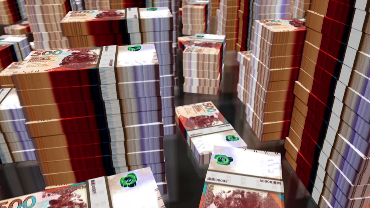 3d-полет над гонконгом, долларом и китайским юанем, денежные банкноты, пакеты, цикл анимации