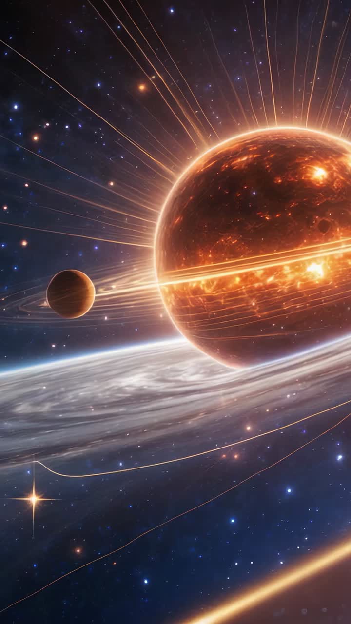 Vertical video: Panning camera capturing molten planet and orbiting moon in space, with dust ring