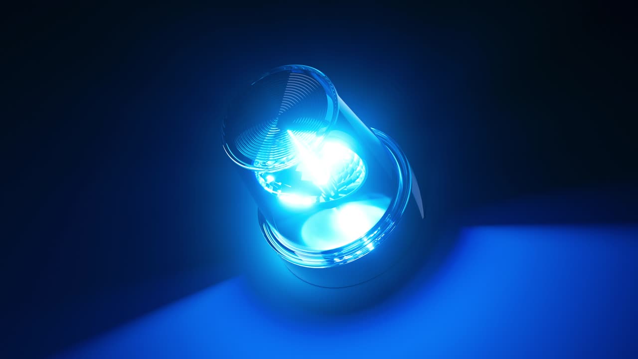 회전하는 파란색 박이는 불빛의 3d 사이클 애니메이션. 경찰 비상 경보 박이 회전