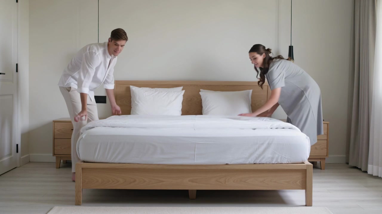 Pasangan di kamar tidur mengangkat selimut tebal, merapikan dan menyelipkan, membuat tempat tidur; pria kemeja putih, wanita gaun abu-abu.