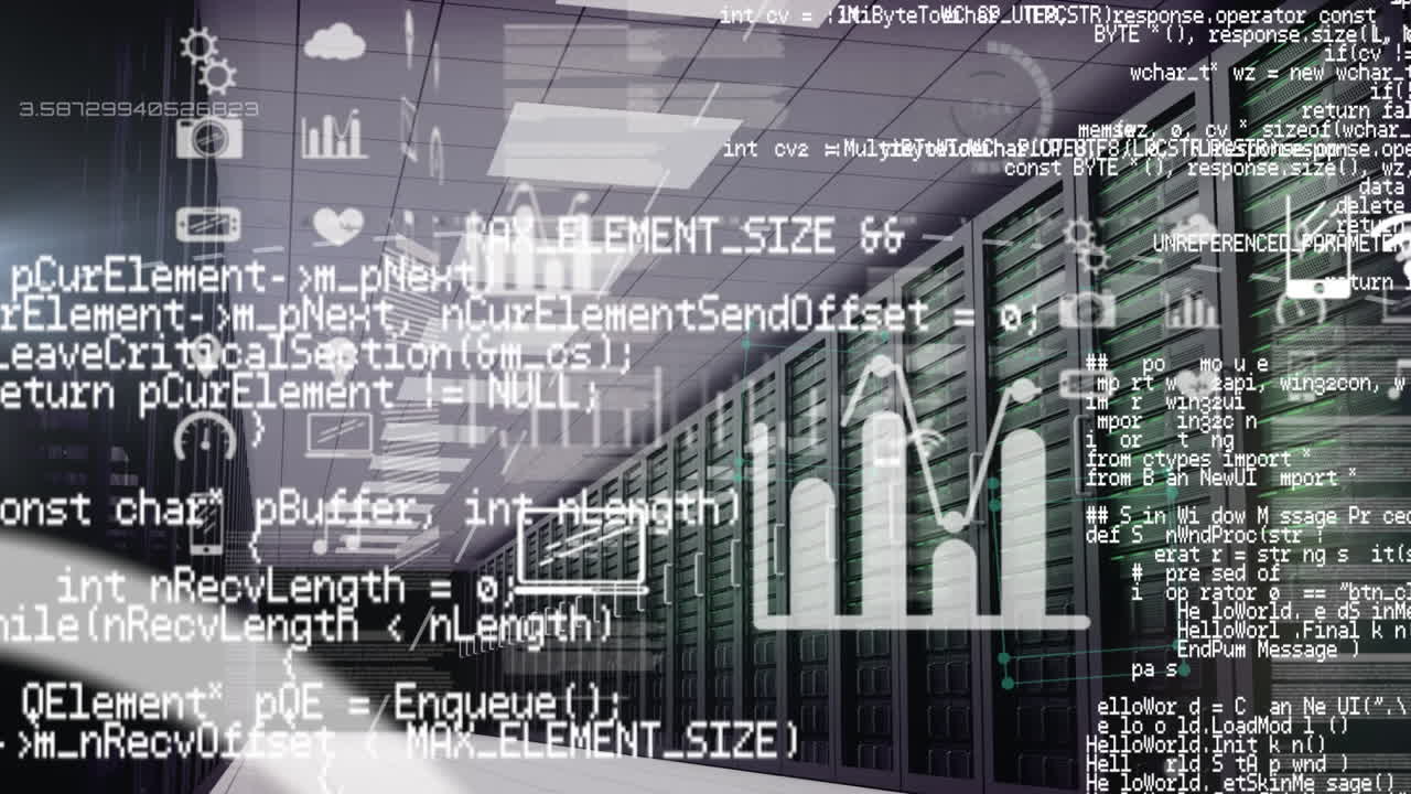 Animation of data processing and media icons over server room