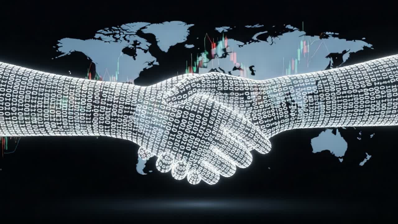 The Digital handshake symbolizes the convergence of technology and business, illustrating the importance of data exchange and collaboration in a globalized economy.