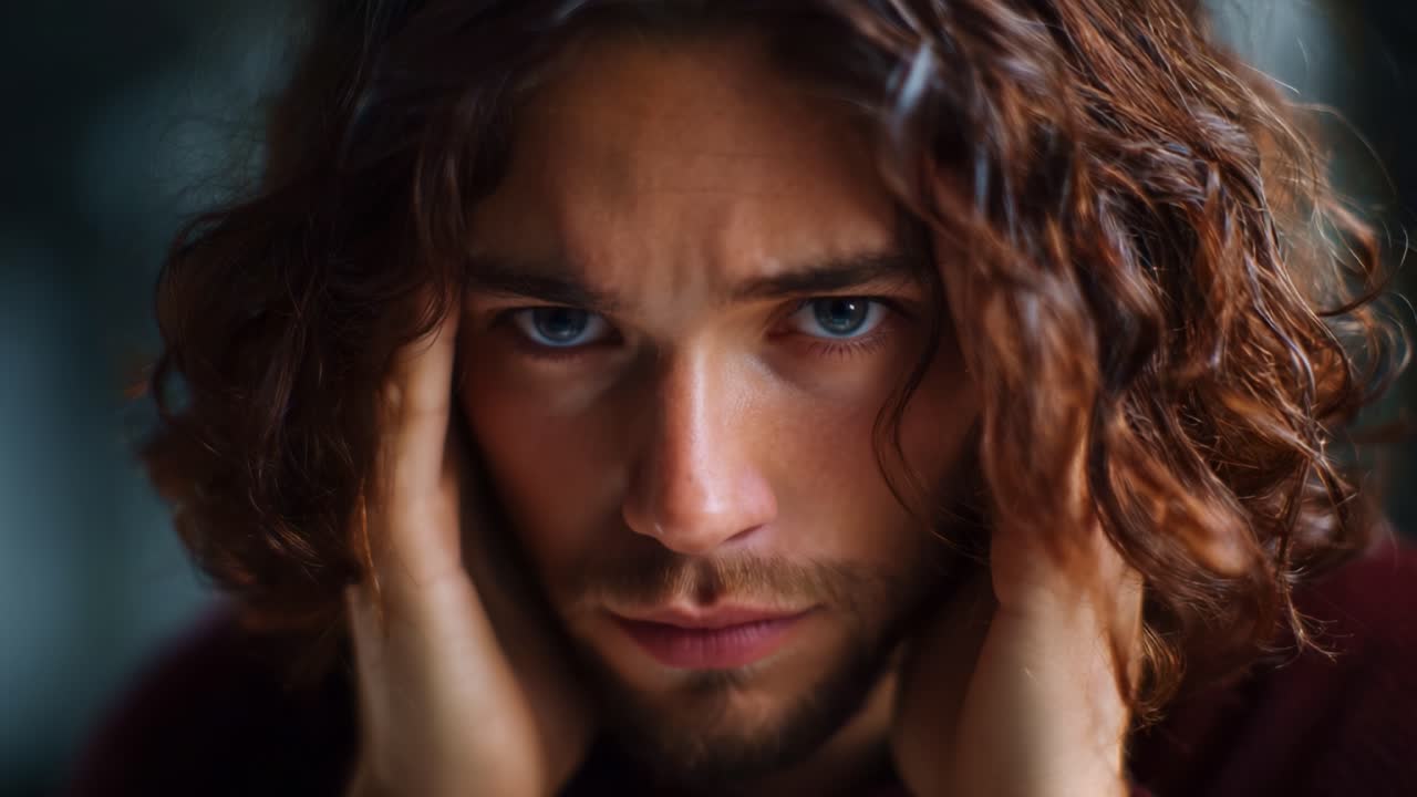 Un giovane uomo pensieroso con i capelli ricci esprime emozioni profonde mentre si tiene la testa tra le mani, mostrando vulnerabilità in un momento di introspezione