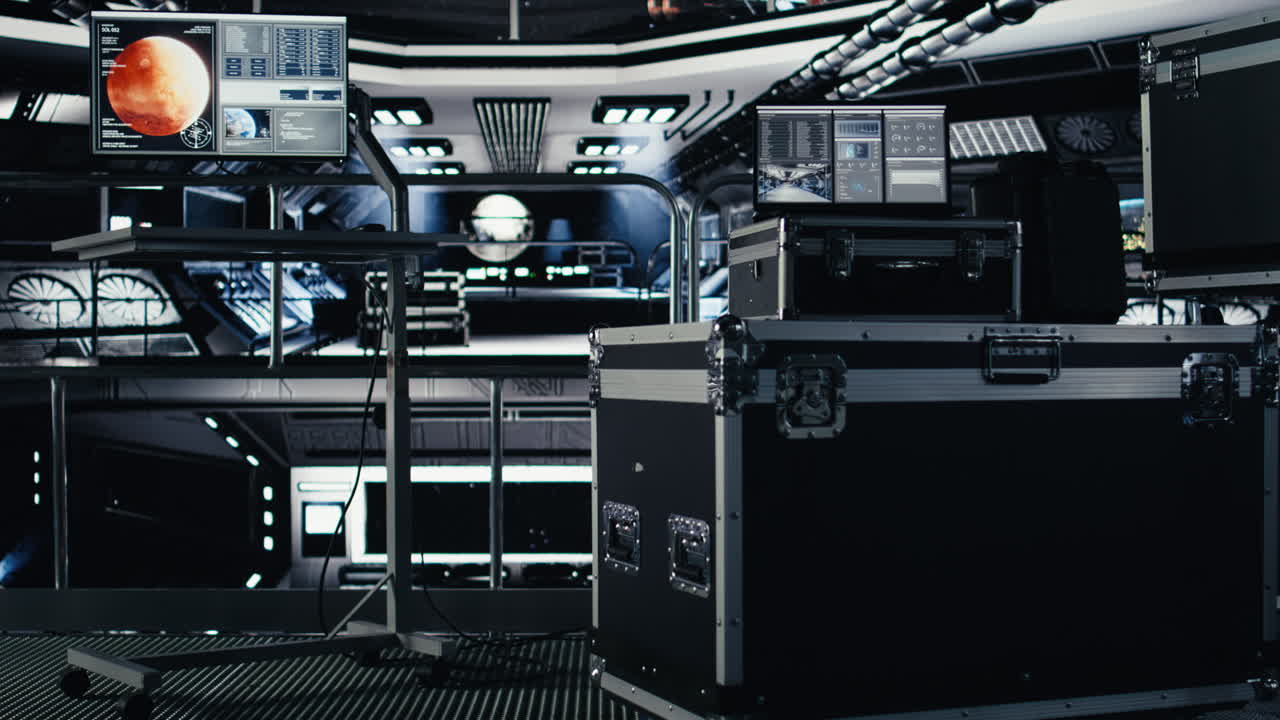 Laptop in space station displaying detailed mission analytics panel