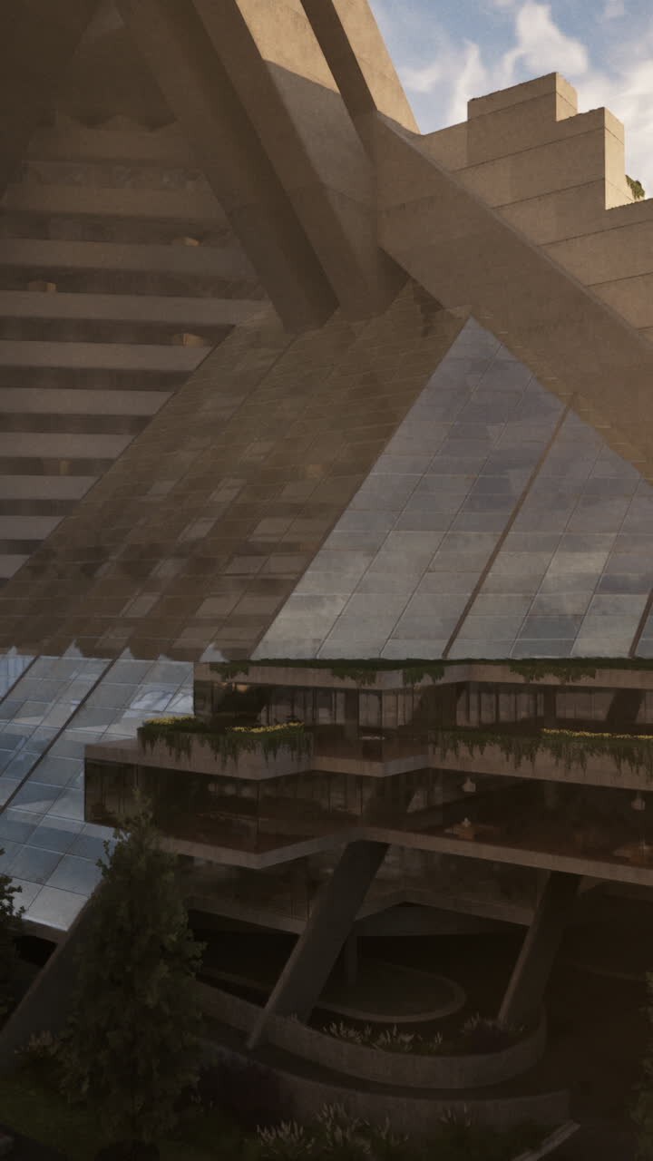 Un edificio futuristico con una struttura a piramide di vetro.