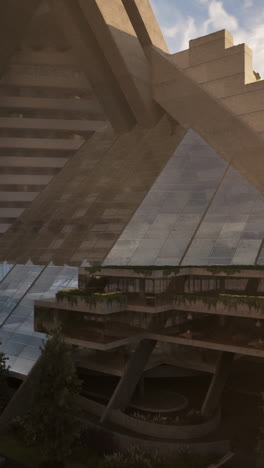 un edificio futurista con una estructura de pirámide de vidrio