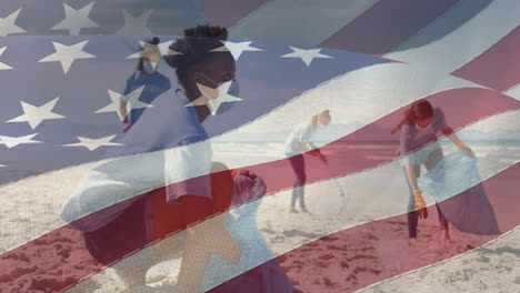 video compuesto de la bandera estadounidense contra un grupo de diversas mujeres voluntarias que limpian la playa
