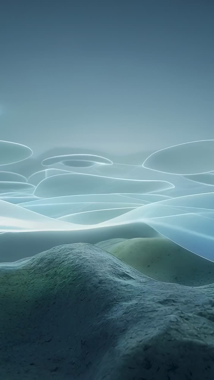 Vertical video: Advancing cam showing lit ribbon drifting across teal plain by rock humps and rings