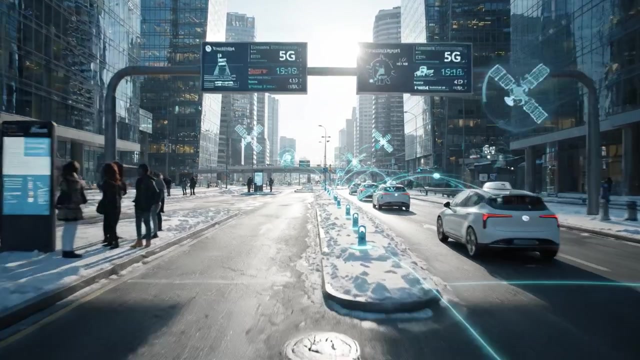 A Busy Urban Winter Scene Displaying Modern Transportation and Connectivity in a Snow-Covered City Center with 5G Technology and Dynamic Pedestrian Activity