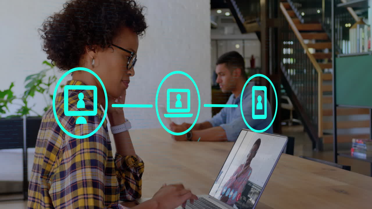 Animation of data processing over diverse business people in office