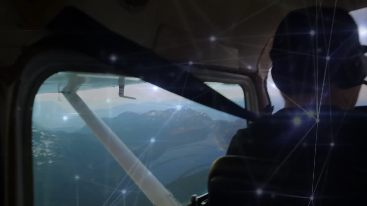 네트워크 연결을 가진 소형 항공기를 조종하는 조종사 조종석 위의 애니메이션