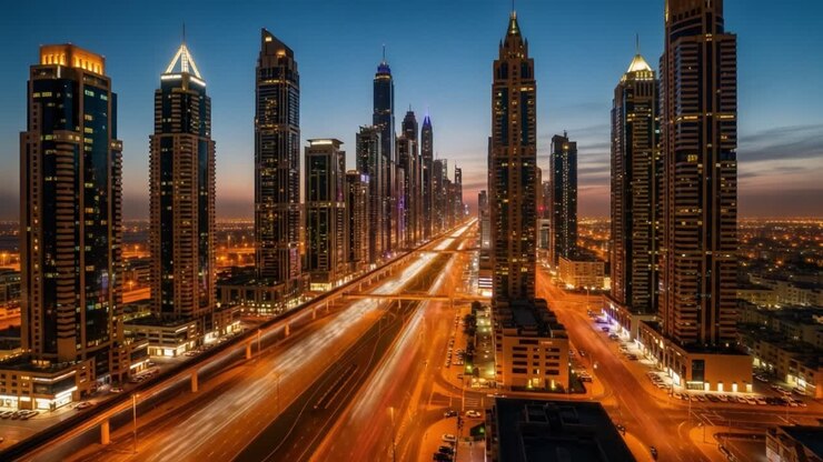 Le paysage urbain nocturne avec des gratte-ciel éclairés et des sentiers de feux de circulation