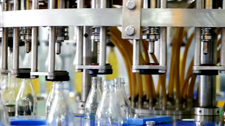 Automatic machine line for filling water in a glass bottle. Bottling of herbal drink in glass bottles. Production of drinking water and beverages.