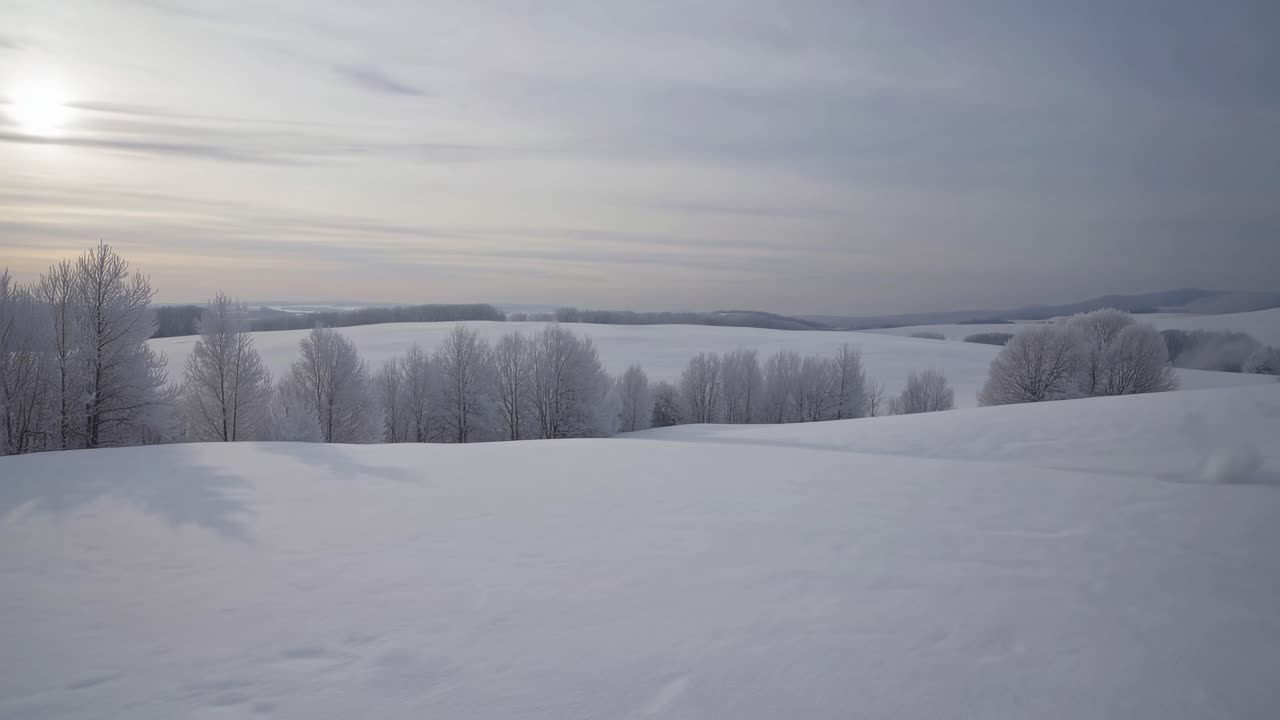 A serene winter landscape video with a wide-angle view capturing snow-covered fields and frosted