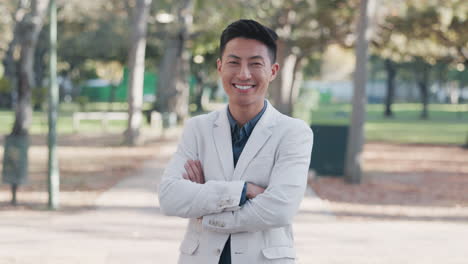 face, man and lawyer at park with arms crossed