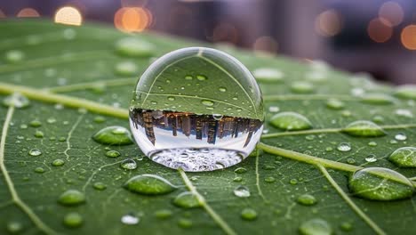 a stunning reflection of a cityscape captured in a water droplet on a leaf, showcasing nature's beauty and urban splendor in a unique perspective