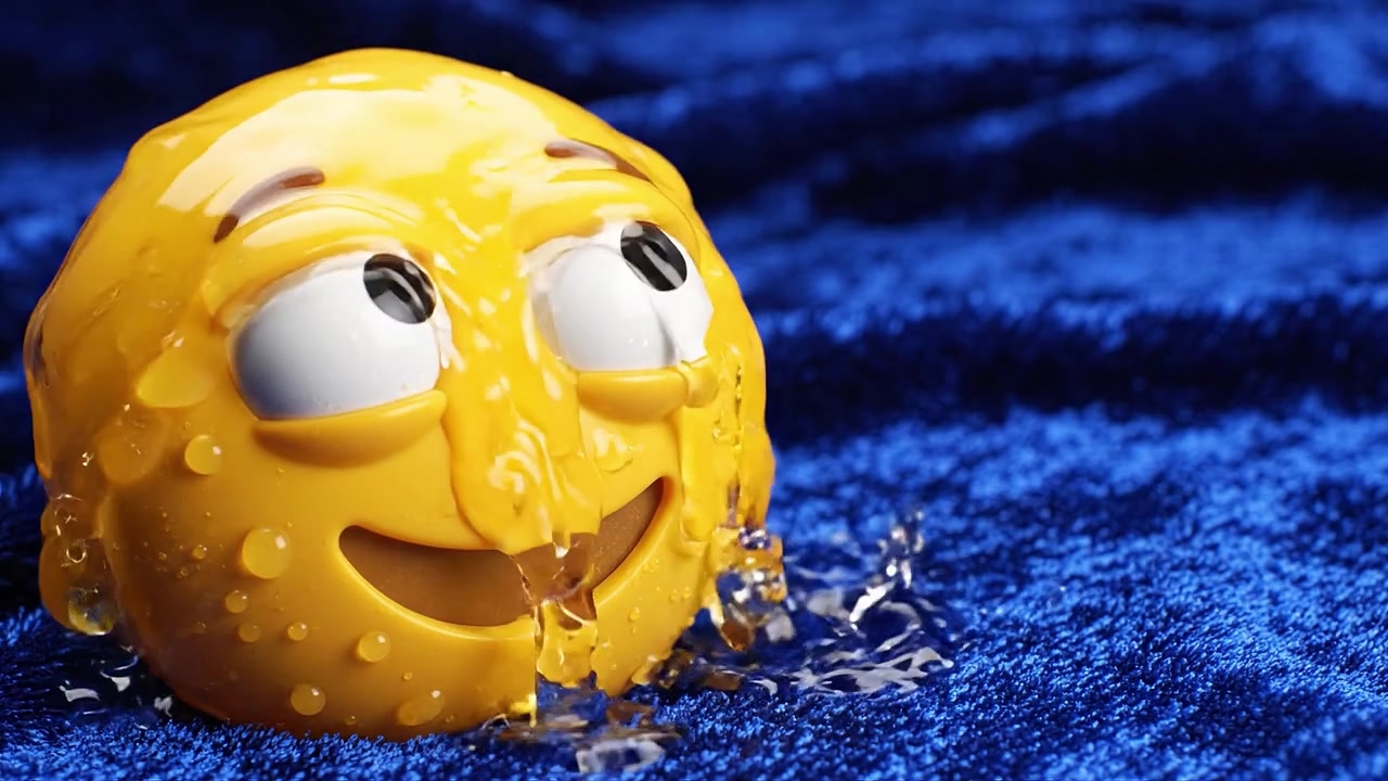 A cheerful yellow emoji ball with droplets resting on a shimmering blue fabric, showcasing a playful expression and vibrant colors, perfect for fun and joy.