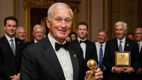 celebration of achievement: a distinguished individual receives a prestigious award surrounded by admiring colleagues in a formal setting