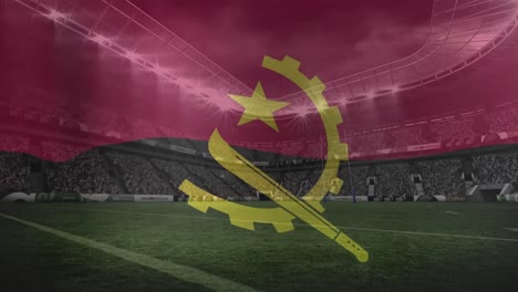 Animation-of-waving-angola-flag-against-view-of-a-sports-stadium