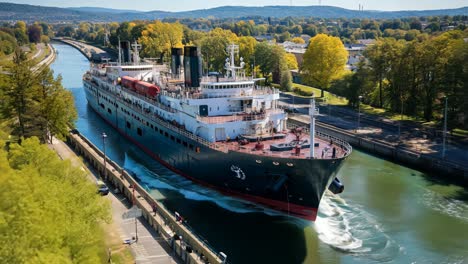 large cargo ship navigating through a canal surrounded by trees