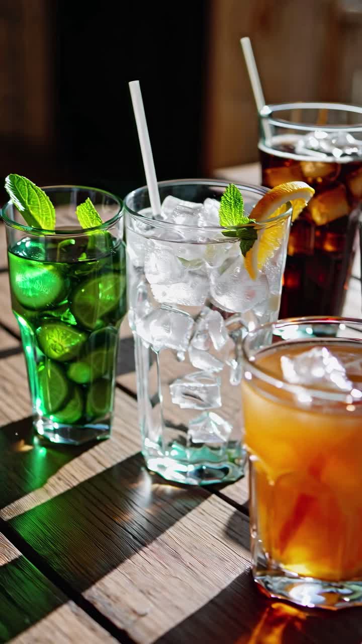 Aerial view of colorful iced drinks on a wooden table, capturing a refreshing summer vibe
