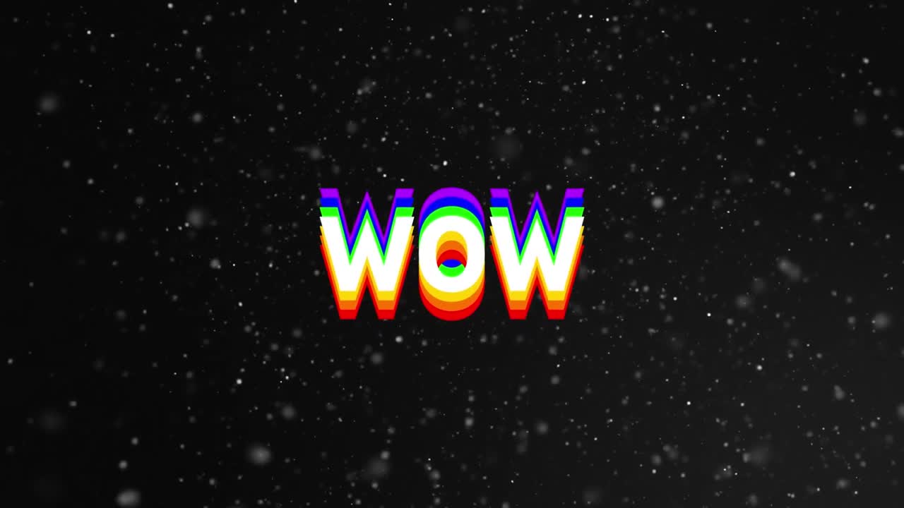 검은 바탕에 눈이 내리는 와우 텍스트를 둘러싼 추상적인 패턴의 애니메이션