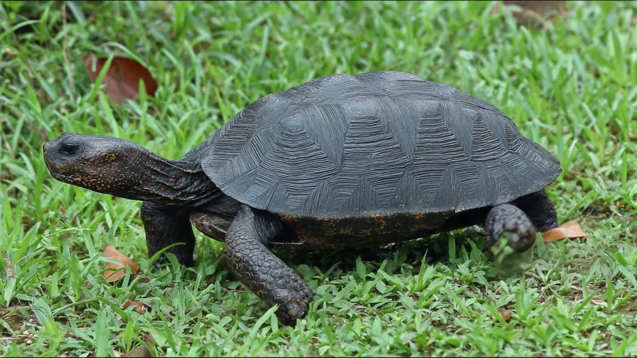 A Close-Up Exploration of a Turtle Grazing Across a Lush Green Lawn, Showcasing Its Unique Shell Texture and Natural Movements in a Serene Environment