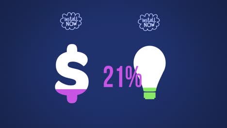 animation of install now text, light bulb and dollar sign with percent growing on blue background