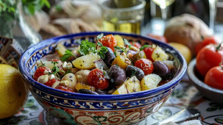 Colorful mediterranean salad with roasted potatoes, cherry tomatoes, olives, pine nuts, and fresh parsley, served in a traditional ceramic bowl
