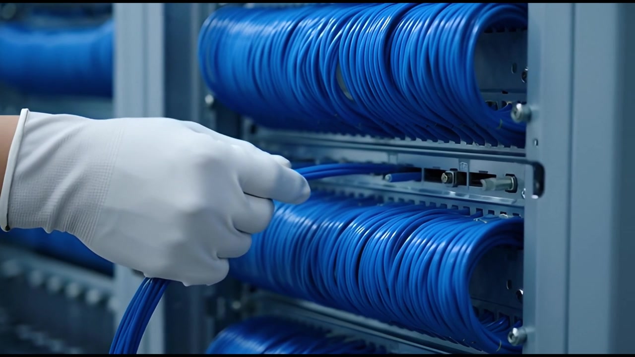 Gloved Hand Plugging Blue Network Cable into Server Rack