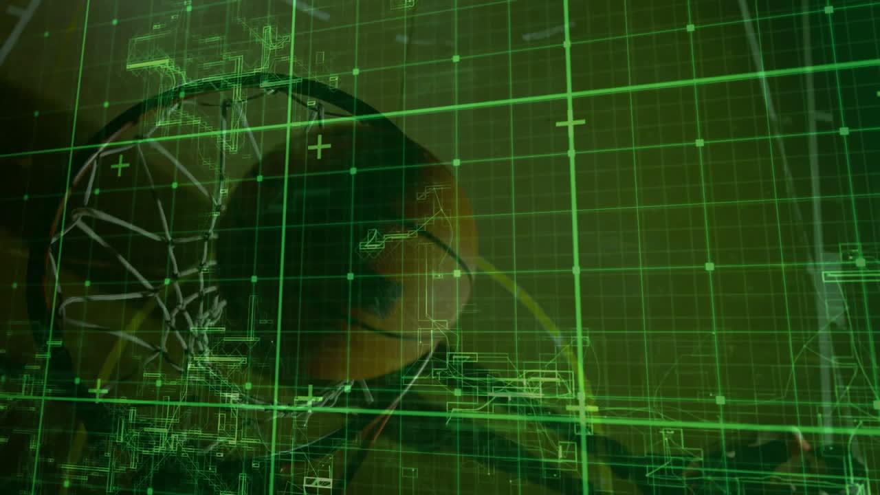Player reaching rim while ball approaching from upper-left, net deforming under sports HUD to score