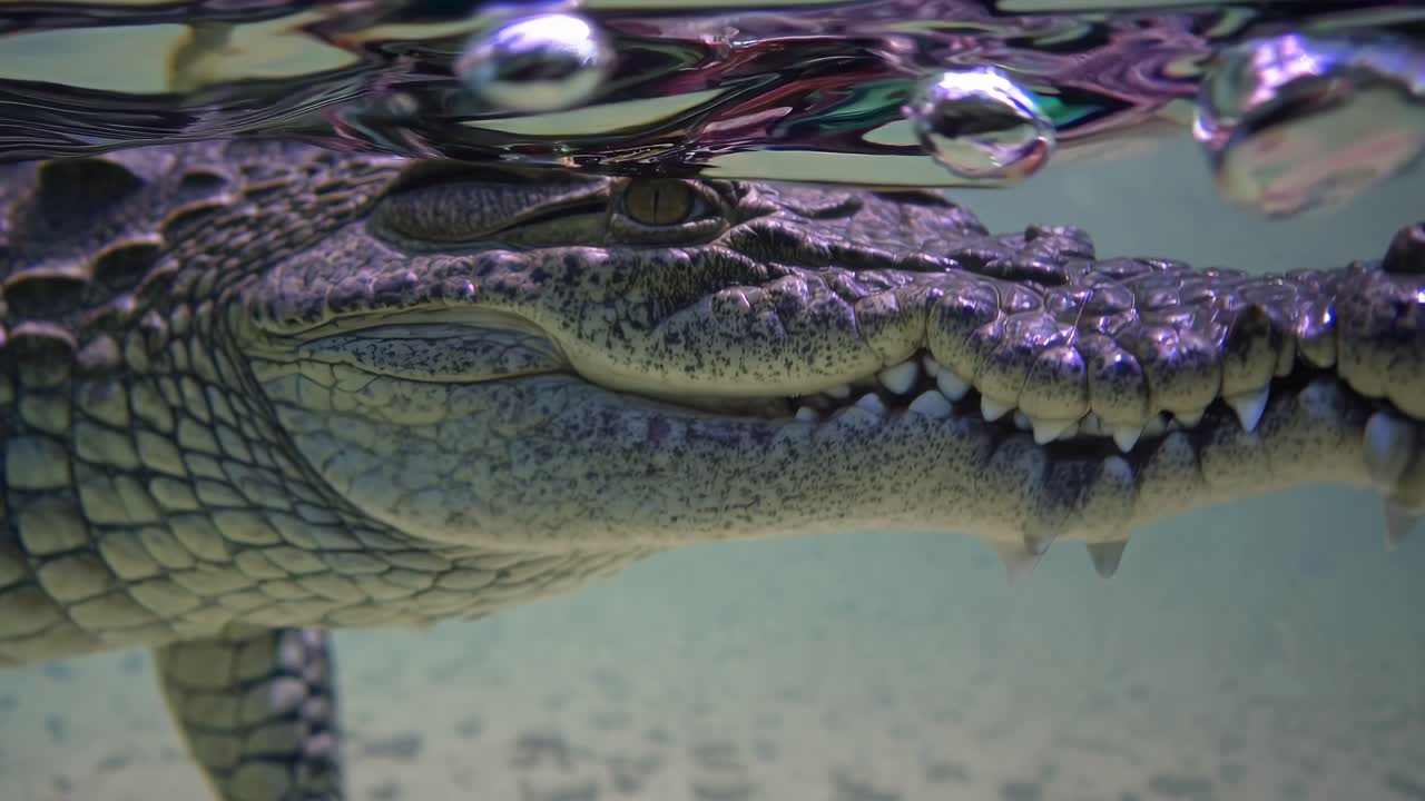 Close-up underwater video shot of a crocodile's head, capturing bubbles and reflections