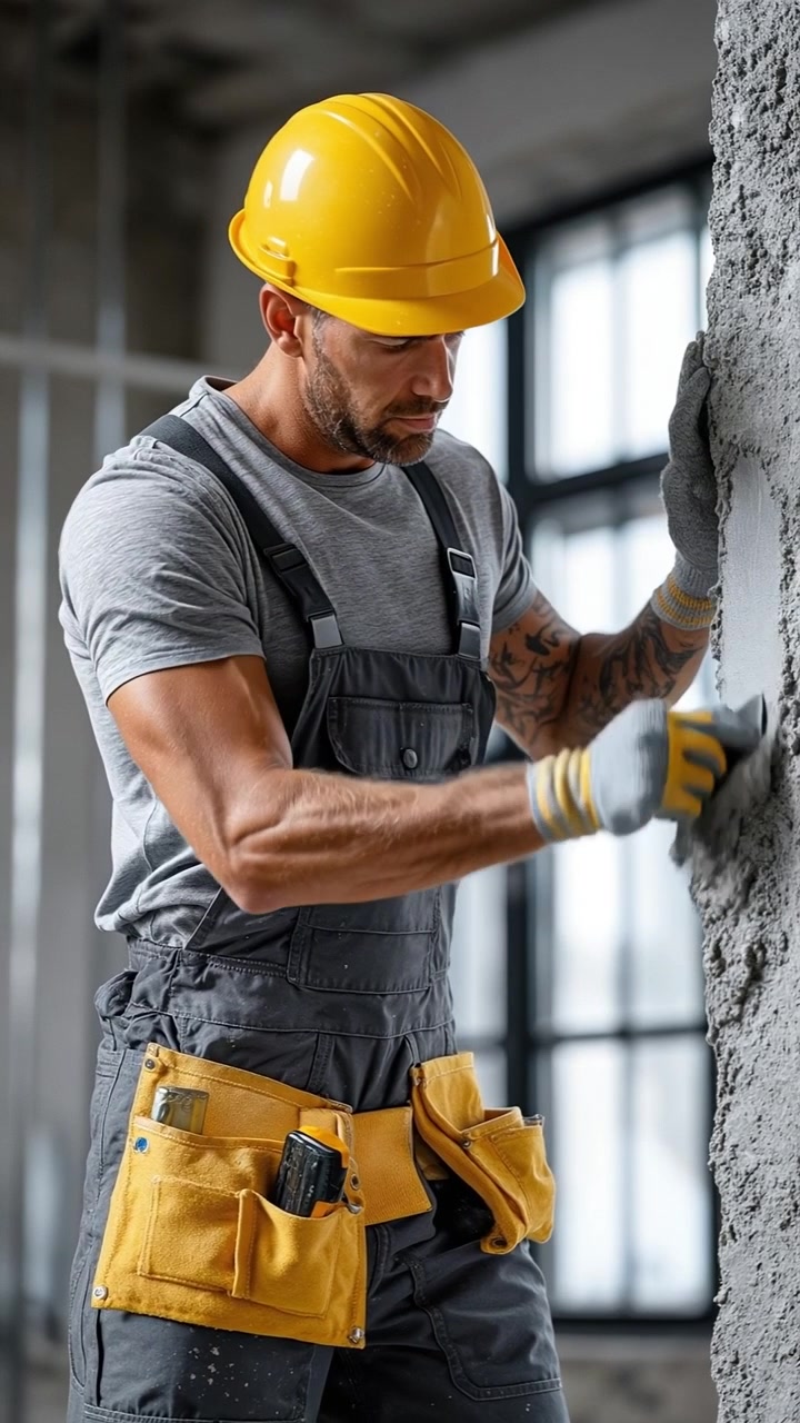 Construction worker in a hard hat scraping a concrete wall with a putty knife