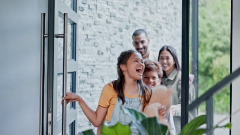 happy family, front door and moving in new home