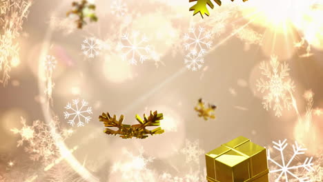 christmas decorations with snowflakes and gift boxes animation on festive background