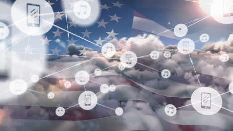 Animation-of-network-of-connection-and-icons-over-usa-flag-and-cloudy-sky