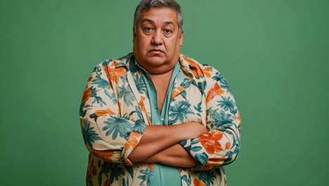 un hombre con una camisa floral con los brazos cruzados
