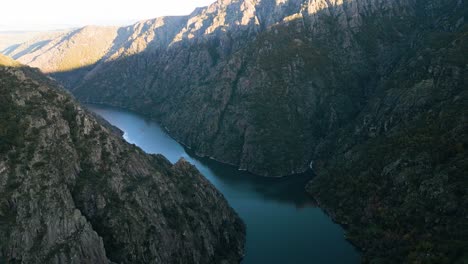 cañon del rio sil in nogueira de ramuín ourense spain, aerial overview in shadows of ridgeline