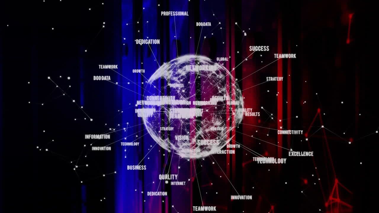 mundo giratorio con palabras clave de negocios animación sobre fondo azul y rojo
