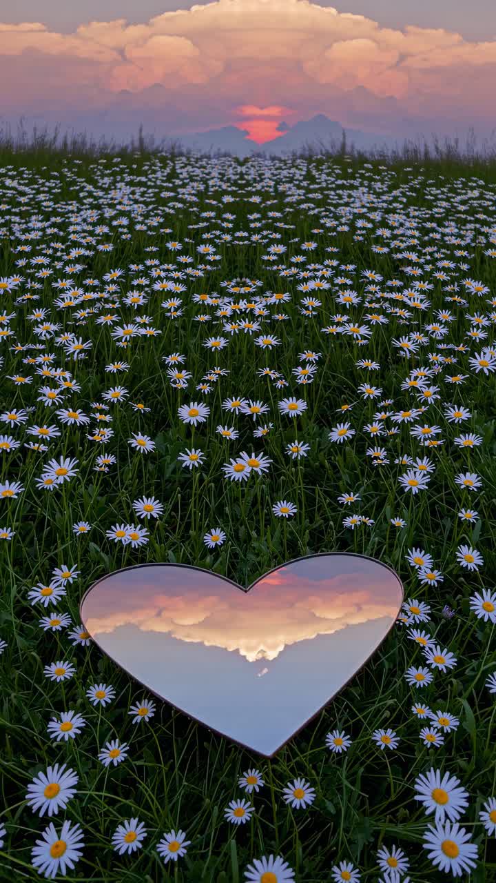A heart-shaped mirror on a daisy field reflects a sunset sky. Captured from a low angle, this video