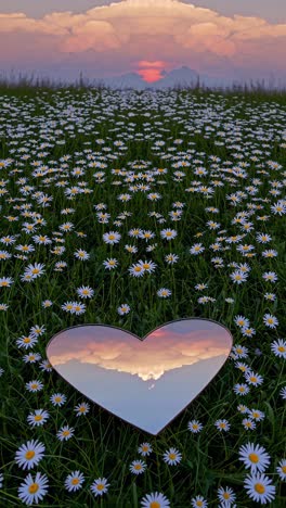 a heart-shaped mirror on a daisy field reflects a sunset sky. captured from a low angle, this video