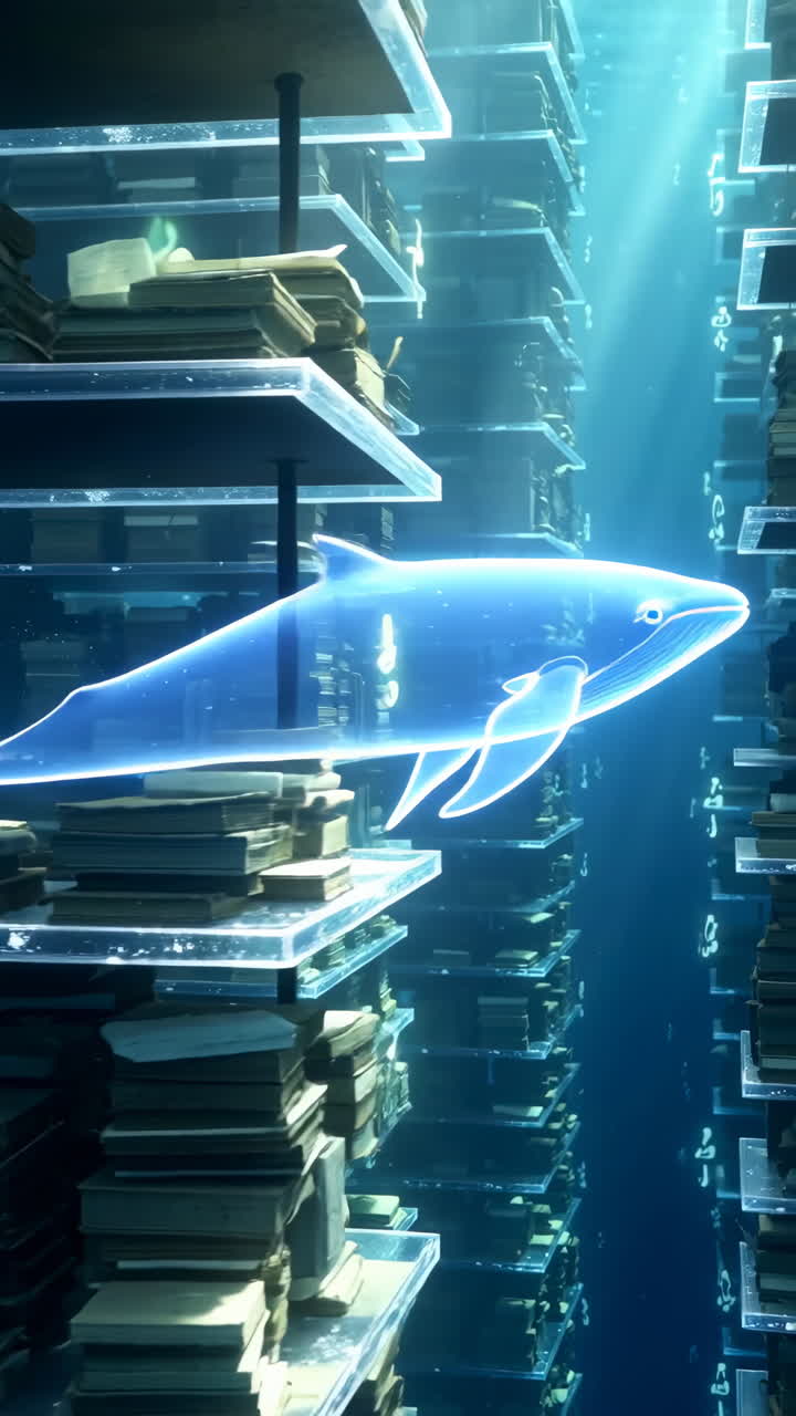 Glowing Marine Creature Explores a Futuristic Underwater Library