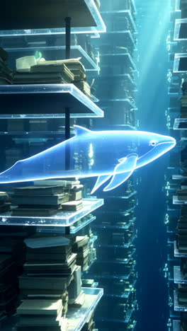 glowing marine creature explores a futuristic underwater library