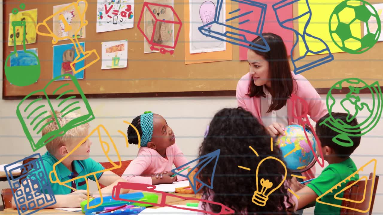 animación de iconos escolares sobre diversos escolares con el maestro sonriendo.