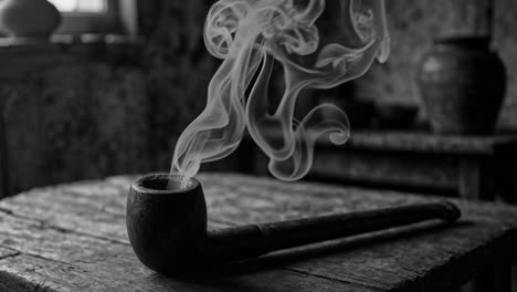 smoking pipe on wooden table in black and white