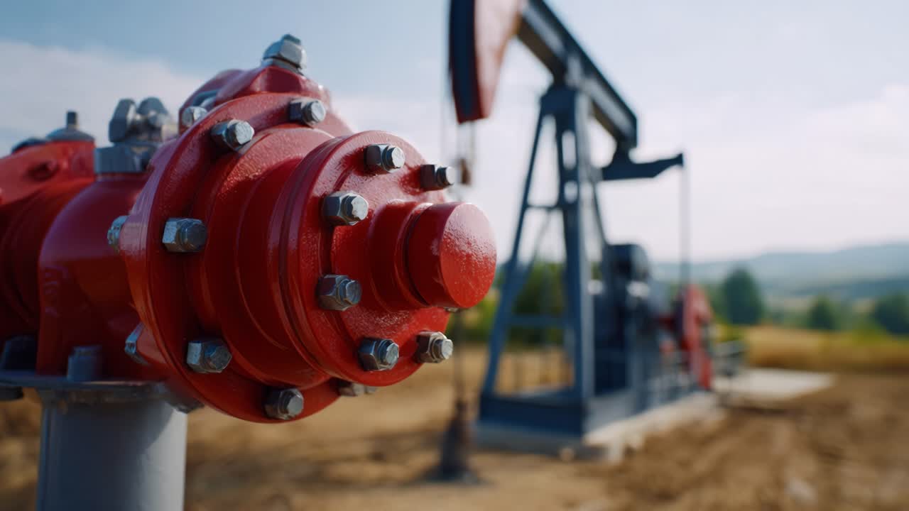 Un primo piano di un'unità di pompaggio petrolifero con attrezzature e macchinari dettagliati, che evidenzia gli aspetti industriali delle operazioni di estrazione e pompaggio del petrolio.