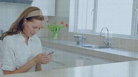 Animation-of-squares-over-caucasian-woman-using-smartphone