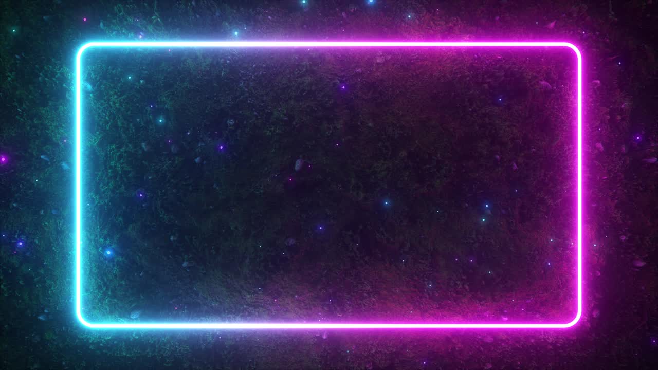 forma luminosa rectangular de neón reluciente en el fondo de una superficie de bosque de tierra. el espectro de la luz fluorescente ultravioleta moderna. bucle sin costuras 4k 3d render